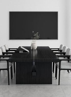 现代简约实木长桌会议桌黑色原木大板桌设计师多人办公桌洽谈长桌
