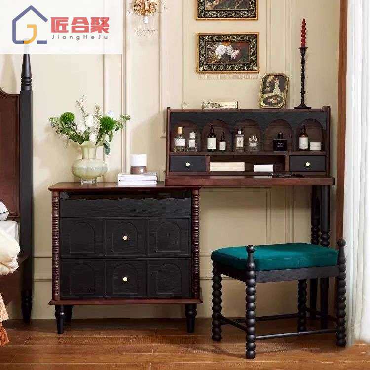 中古实木梳妆台家用女生卧室法式化妆台设计师床头斗柜一体梳妆台