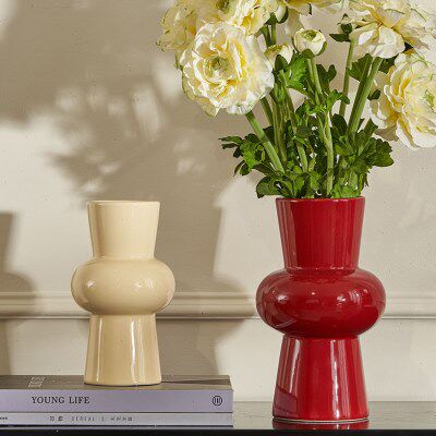 中古风奶油风陶瓷插花器客厅玄关电视柜摆件简约现代红色复古花瓶
