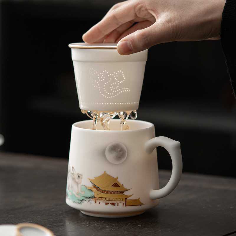 羊脂玉茶杯茶水分离泡茶杯陶瓷办公室会议杯子带盖过滤马克杯刻字