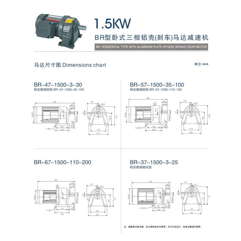 东元电机(TECO)齿轮减速1.5KW BR型BRF型卧式立式三相铝壳(刹车)