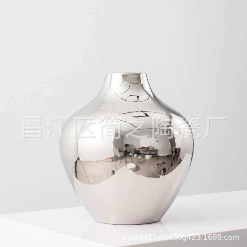 轻奢风电镀银花瓶摆件客厅插花创意茶几酒柜样板房家居陶瓷装饰品