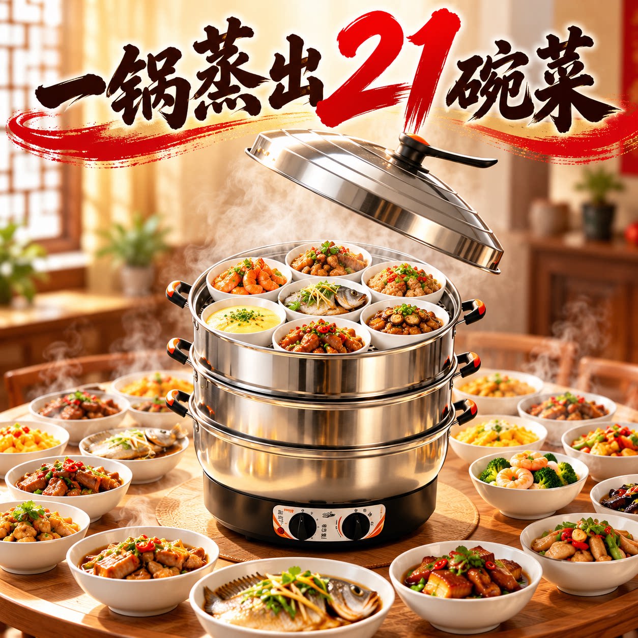 象尼多功能大号电蒸锅家用大容量多层电蒸笼蒸菜馒头不锈钢蒸汽锅
