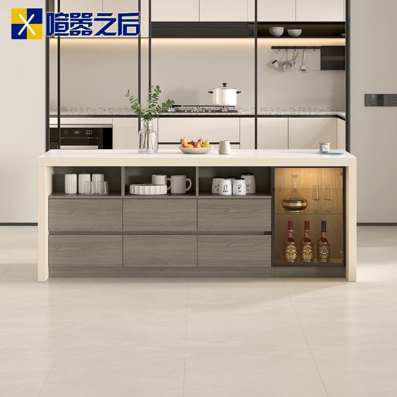 新款岩板餐桌中岛台小户型开放式厨房吧台桌子一体酒柜储物柜8E69