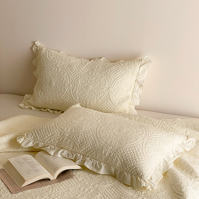 一对装】欧式高级感纯棉枕套夹棉绗缝花边全棉枕皮74*48cm枕头套