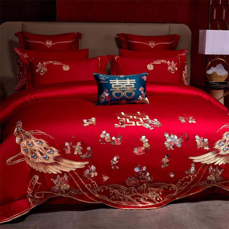 新中式棉长绒棉刺绣结婚婚床上用品四件套纯绣棉花HYF-0096红色庆