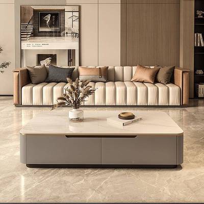 意式长方形岩板茶几轻奢小户型办客厅KJD带抽屉茶几创室意公接待