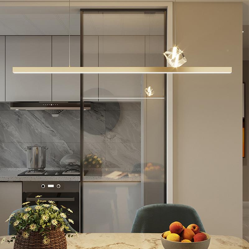 轻奢水晶443餐厅吊黑色一字长条形1铝金米材吧台餐桌灯吊灯