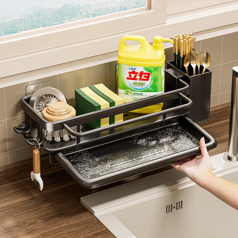 厨房置物架家用免打孔海绵抹布沥水收纳架子浴室卫生间上墙挂架