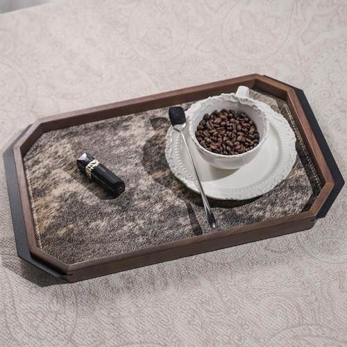 胡桃木真皮马毛托盘中古风家居样板间客厅电视柜装饰摆件托盘