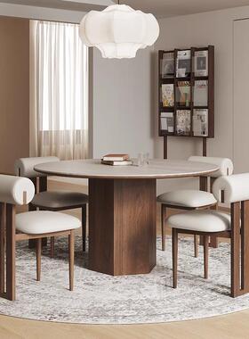 复古风洞石岩板家小圆桌圆形用小户组LS-877型桌子中古木实圆餐桌