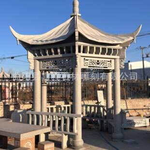 石亭花岗石雕凉盘龙柱大石理石亭凉亭岩中式芝麻白单层双层002亭