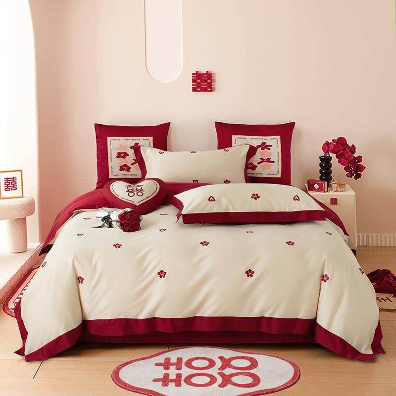 新中式风长绒棉100支婚庆结婚四套纯大红色件婚tianmimi枕礼带抱,床上用品,婚庆床品套件,淘宝优惠券,粉丝福利购,淘宝优惠卷