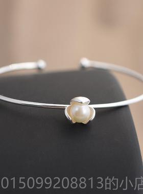 正品s森925纯银手镯女银镯子款珍珠芙蓉系花清新简约细款复古风新