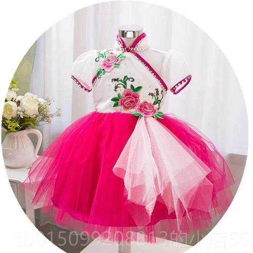 正品舞新款女童中国表风旗袍蹈演服装民族古纱典旗袍蓬蓬裙幼儿演