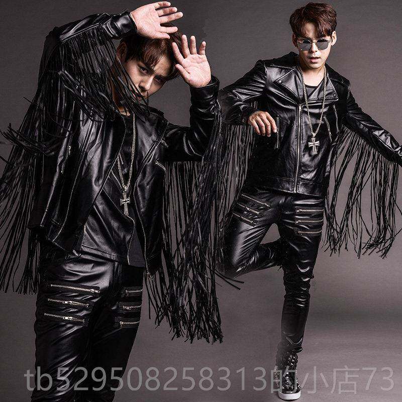高档潮歌手流夜店酒吧架子鼓DJ演出上服装男个性苏pu皮衣裤套装流