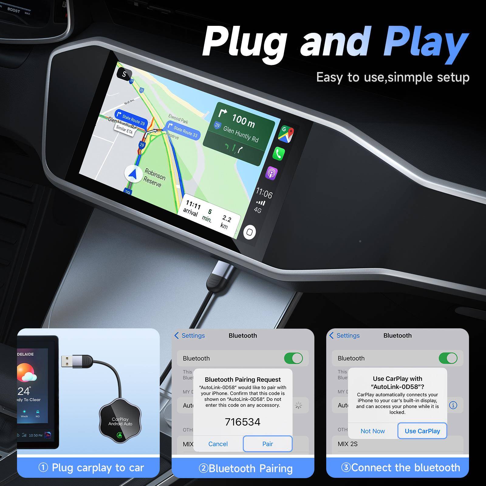 汽车RUB车有线转无投线盒carplay无线盒子通用车机互联原车载屏子