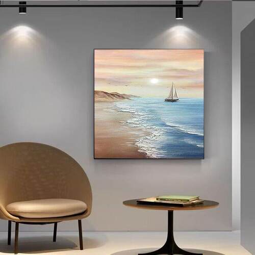 手工油YAW画轻奢餐厅装饰画现代简约日出海景绘饭画厅挂正方形手