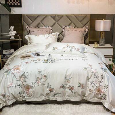高档新中国风1单0支澳大利纯棉床床一套四张亚中国式0花绣花被套