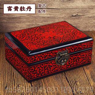 高档木质首饰覆古盒带锁漆盒大 平遥推光妆漆器盒饰品珠宝盒结婚