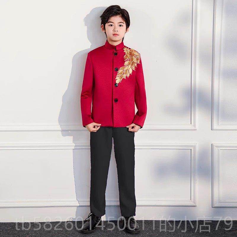 高档国庆中式色男童女童大合唱团演出红服中装诗朗诵歌比赛表山演