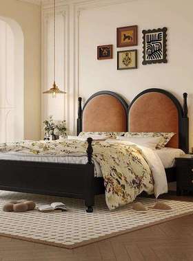 法式复古床黑色实木床现代简约1.8m双人床中古床主卧室美式巴黎床