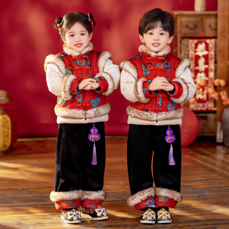 儿童拜年服套装冬季宝宝新中式男女童元旦演出喜庆加厚过新年衣服