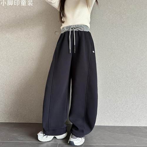 2025童加绒卫裤2025冬装新款儿童休闲加厚一体绒弯刀阔腿运动裤子