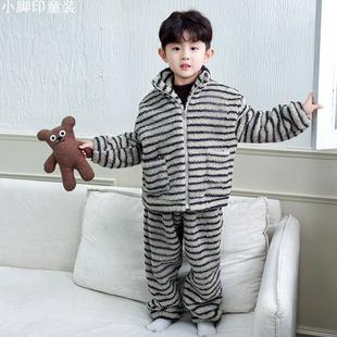 20252025秋冬新款 中大童休闲洋气条纹保暖毛绒加厚睡衣 家居服套装