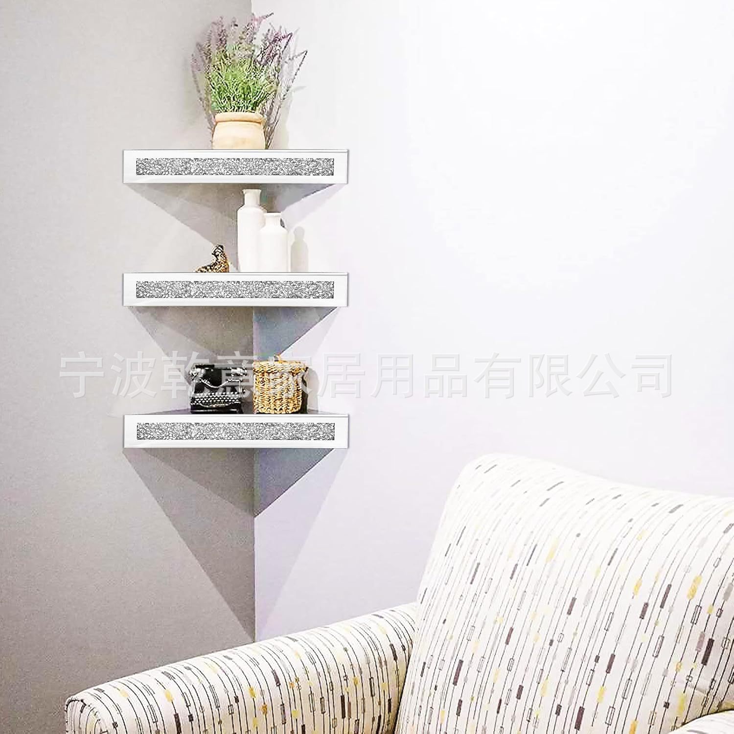 1套2个镜玻璃转角搁架镶嵌碎钻石家居装饰墙角浮动搁板墙角角架