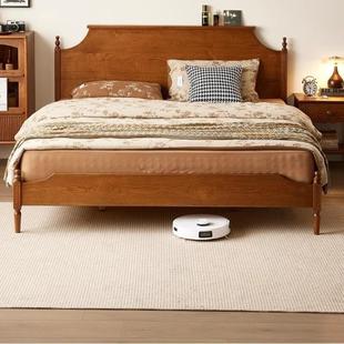 北美樱桃实木木双人床现代简约中古原床木风主卧婚靠悬背浮FRA双