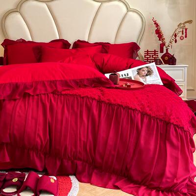 法式婚F78S5885庆套大红色陪嫁床单被套纯件床棉结婚上四用品婚房
