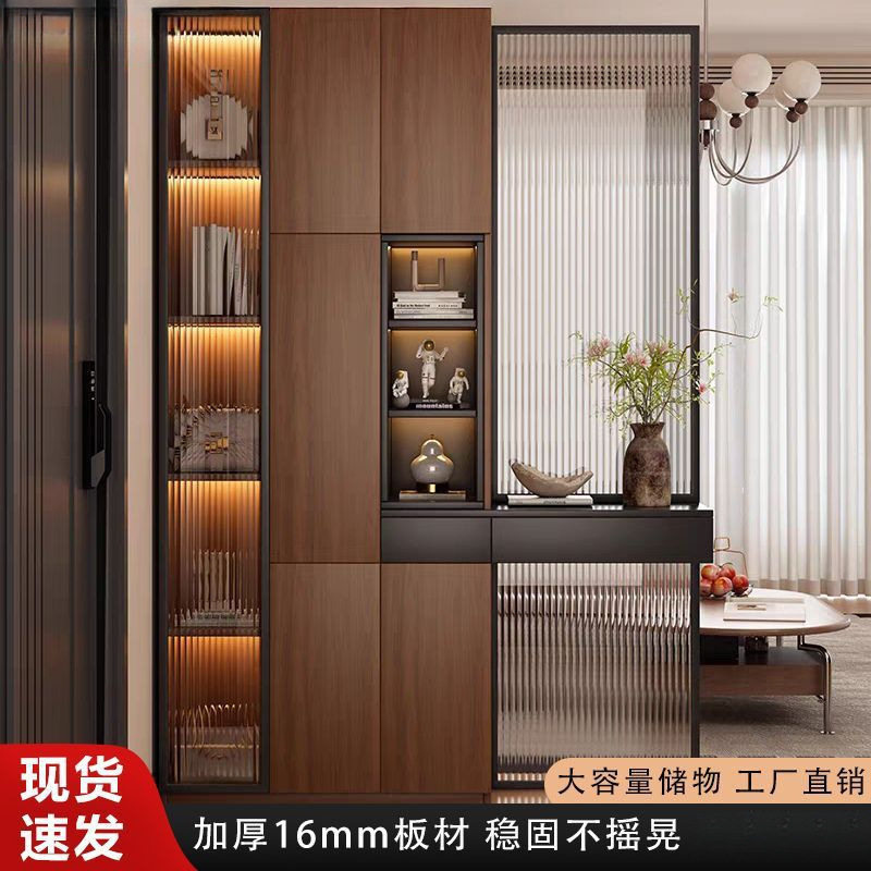 实木质中古风入户客厅隔断玄关柜鞋柜一体组合对门屏风收纳储物柜