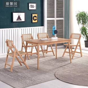 厂家ins藤制中古椅北欧家具折叠实木餐桌椅酒店民宿藤编桌椅