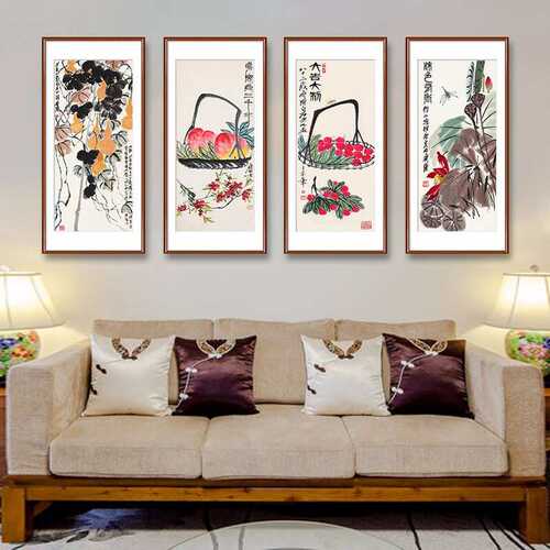 新中式客厅装饰画齐白石水果画水墨荔枝寿桃挂画书房国画餐厅壁画