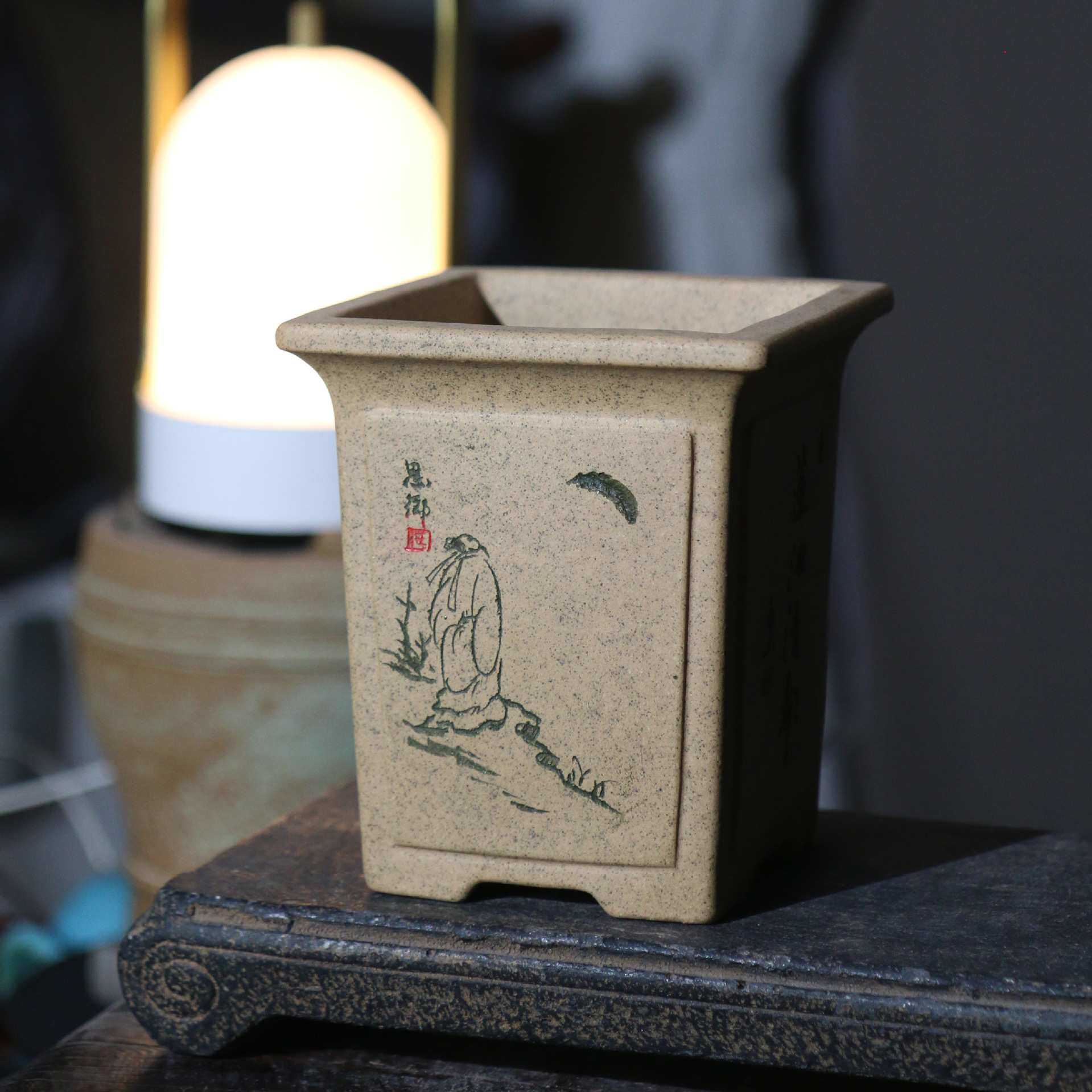 紫砂花盆四方正方形刻字刻绘兰花盆桌面手工盆景盆客厅桩子陆文梅