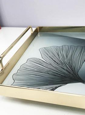 欧式奢轻创意托盘金瑙石纹现代属客厅玛茶几办公室玻璃收纳JPO装