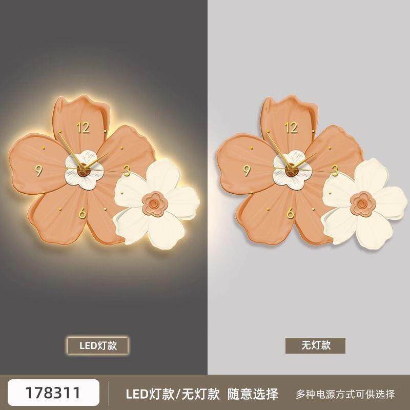 小清新客厅饰钟表装l餐ed发光画壁灯奶画油风厅时钟挂墙花卉X1121