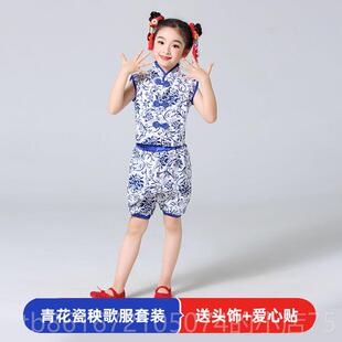 高档六一儿童演服表夏女东北大服花布演服秧歌出舞蹈服装民族风灯