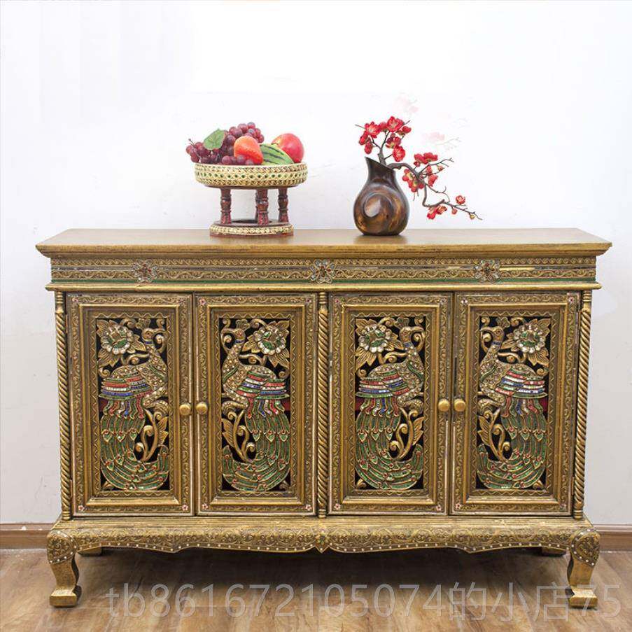 高档泰国实木饰柜玄关格东南亚风客厅装隔断柜玄关门厅金箔收纳储