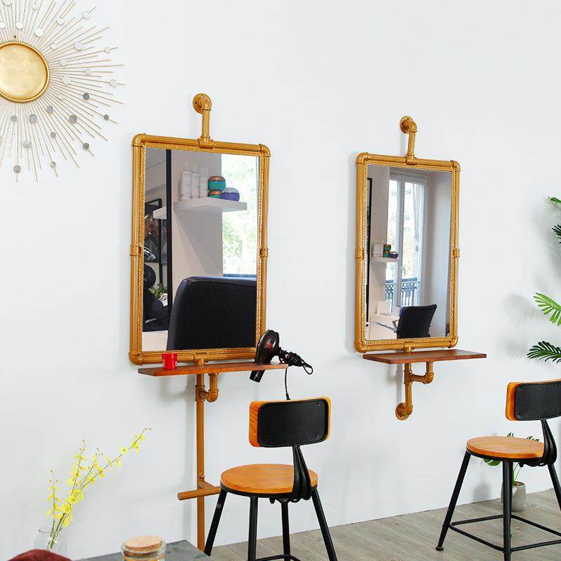 工落业风美发潮店壁挂B2地台式单双面镜铁艺水管发廊古理发店复镜