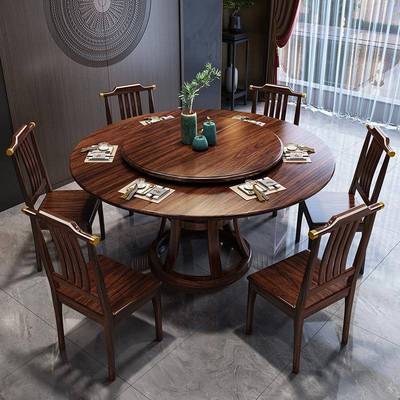 新中式实木餐饭圆家用饭店乌金WTCZ.092木色系圆餐桌1.m转盘桌吃