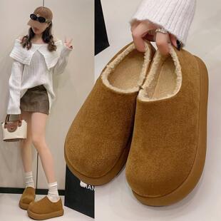 户外纯色套脚面包英伦风女防滑保暖鞋 新款 冬季 厚底加绒棉鞋