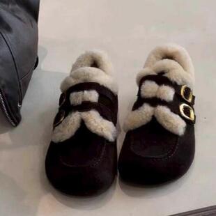 保暖棉鞋 复古棕色厚底毛毛鞋 新款 外穿加绒包头勃肯鞋 女年冬季