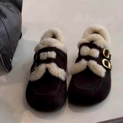 复古棕色厚底毛毛鞋女年冬季外穿