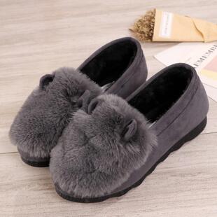 百搭外穿平底女棉鞋 兔耳朵毛毛鞋 秋冬季 新款 女加绒保暖豆豆鞋