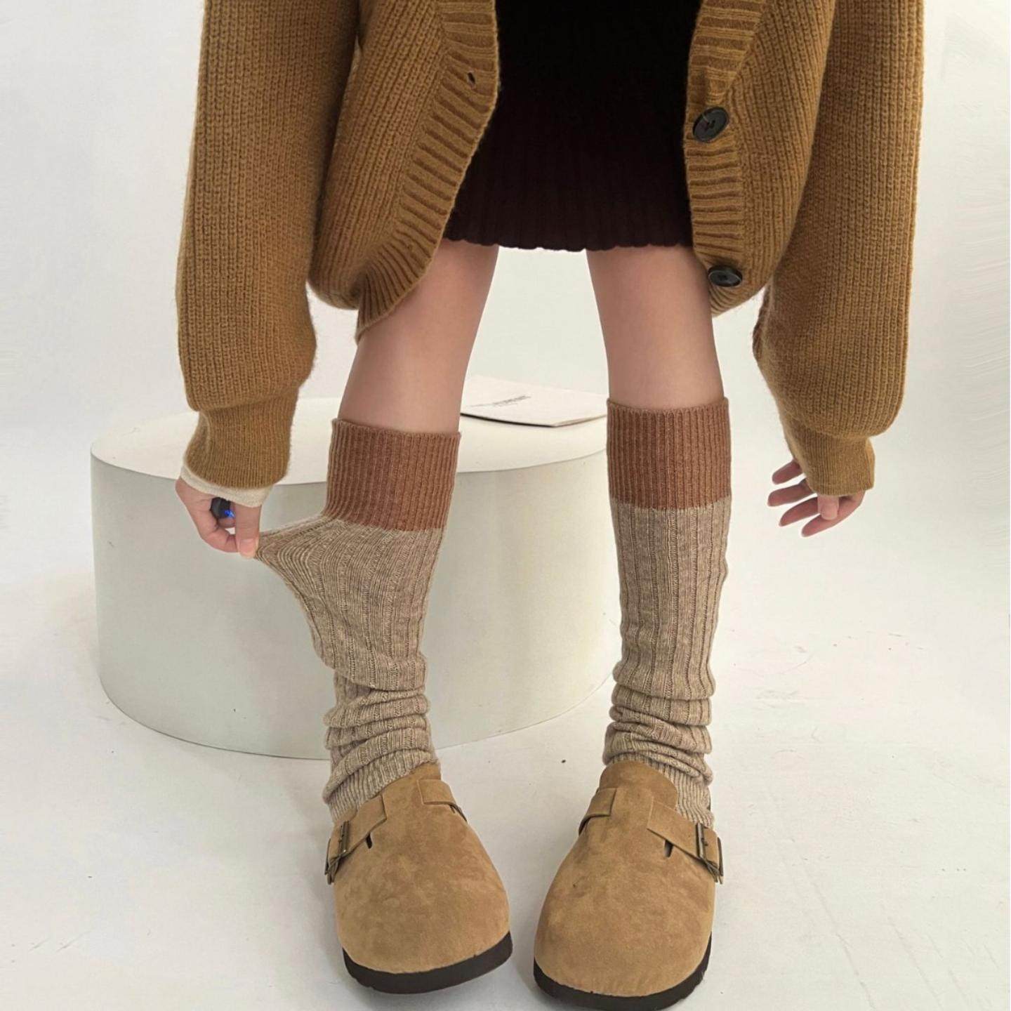 绵羊绒撞色拼接袜套女腿套堆堆袜