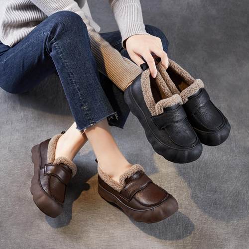 头层牛皮毛毛口鞋秋冬款平底休闲