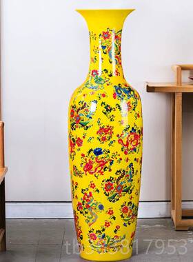 高档景德镇陶器红色落地大花瓶家中式客厅玄关装饰品插瓷花居件摆