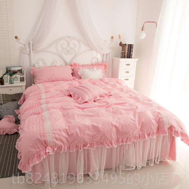 新款韩四件套全棉纯被白色贡缎公主式风床单棉套1.8m纯床裙式床上